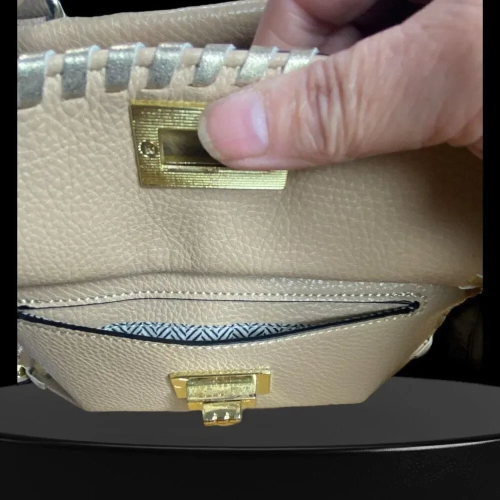 Steve Madden Blennon Cream Peebled Leather Studded Whipstitch Satchel Handbag